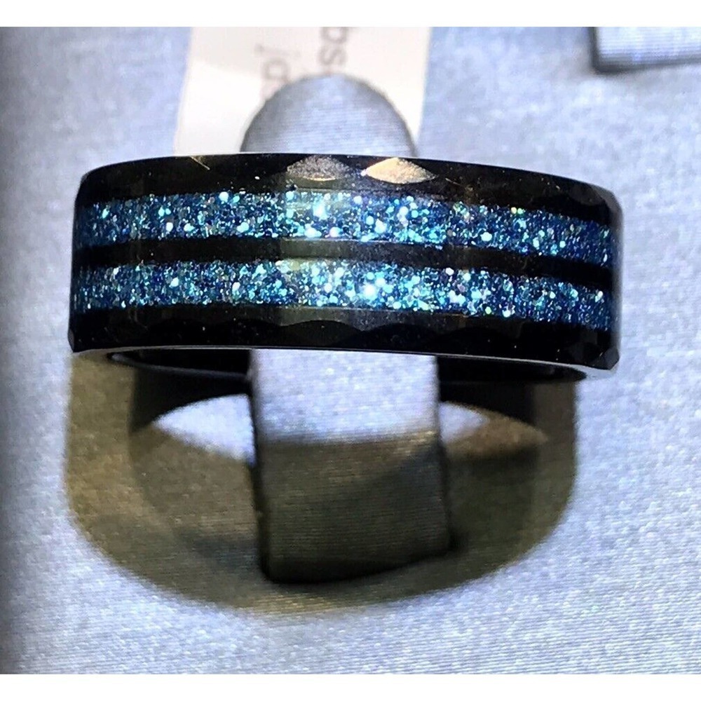 Mens Tungsten Ring Sz10 Black/Double Lab Opal Strips Unique Look New W Tags